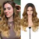 Lady Miranda Ombre Blonde Wavy Wig Middle Part Curly Wavy Wigs for Women Natural Looking Long Blonde Highlights Wigs Synthetic Wig Ombre Brown Natural Wavy Hair (1-Ombre Blonde Highlight 22)