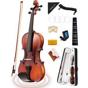 Fesley Violin Fiddle Full Set: 4/4 Matt Violin Kit for Beginners, Acoustic Violin with Hard Case, Solidwood Hand Made Starter Kit with Bow, Rosin, Shoulder Rest, Tuner, Extra Strings