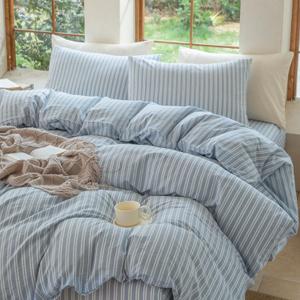 Striped Duvet Cover Set Queen Size 100% Washed Cotton Linen Feel Natural Wrinkle Comfy Lightweight Bedding Set (Queen, Double Stripe-Blue/White) (Queen(90" x 90"))