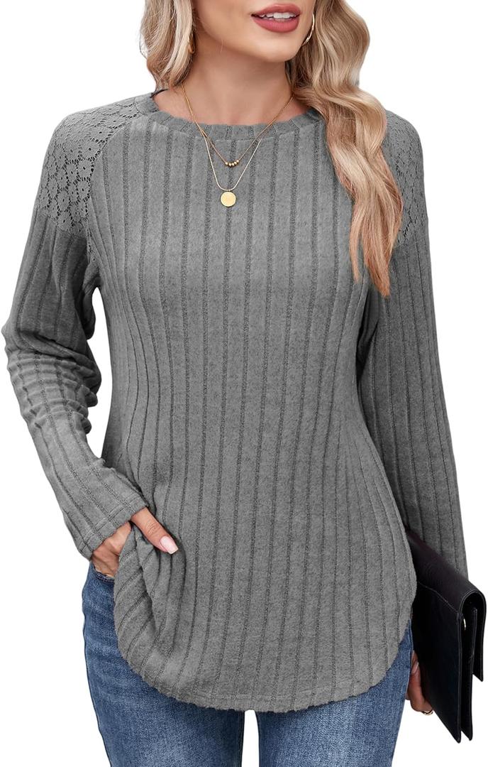 ZAFUL Long Sleeve Shirts for Women Fall Lace Lightweight Top Sweaters Business Dressy Casual Winter Tunic Blouse Side Split Trendy Outfit Gray S