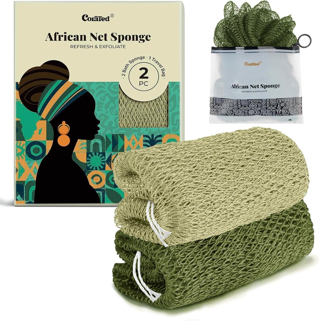 CORATED African Net Sponge Authentic, Shower Loofah Exfoliating Bath Sponge, Body Scrubber for Women Daily Use Body Care, Travel Portable Bath Accessories for Bathroom (Olive Green & Light Green)