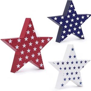 4th of July Wooden Star Signs Decorations, Memorial Day Decorations, Patriotic Decor, Rustic Star Shape Tiered Tray, Red Blue White Wood Star Blocks Retro, Freestanding Table Signs, 3Pcs