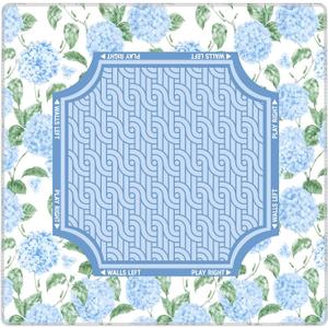 Watercolor Light Blue Hydrangea Mahjong Mat, Non-Slip Noise Reduction Square Game Table Pad, Pastel Blue Floral Vine Border & Geometric Wave Center Print Portable Play Mat for Mahjong, 31.5 x 31.5 inches
