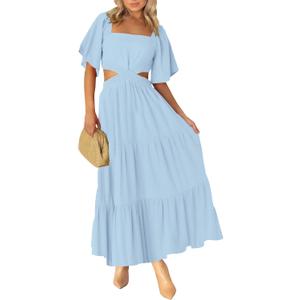 LEANI Women's 2025 Summer Cutout Maxi Dress Square Neck Short Sleeve Crossover Waist Casual Party Dresses, Large