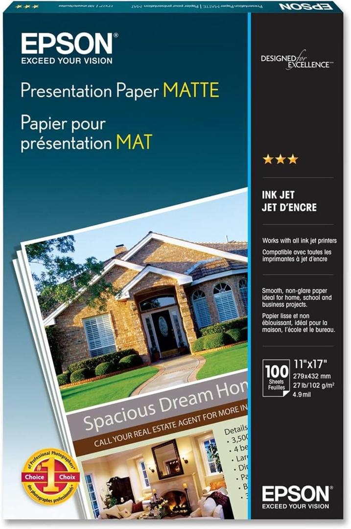 Epson Presentation Paper MATTE (11x17 Inches, 100 Sheets) (S041070),White