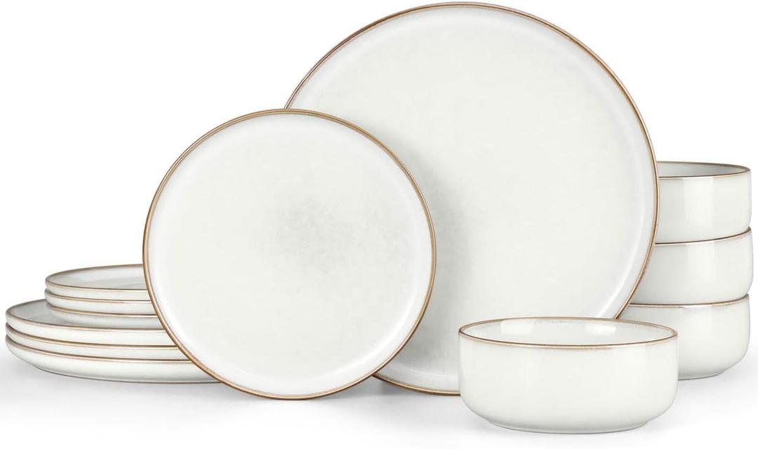 Herogo Plates and Bowls Sets for 4, 12 Pieces Stoneware Dinnerware Sets, Double Reactive Glaze, Microwave & Dishwasher Safe, Scratch Resistant, Ivory White