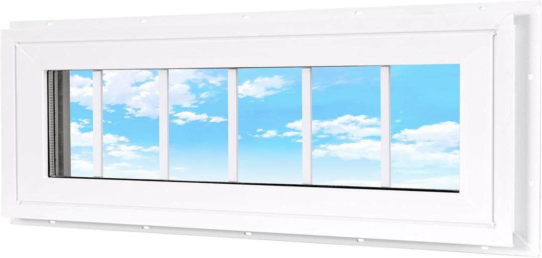 Vinyl Transom Household Window, 10" x 36" Double Pane Fixed Window with Grids and Tempered Glass for House, Garage (White)