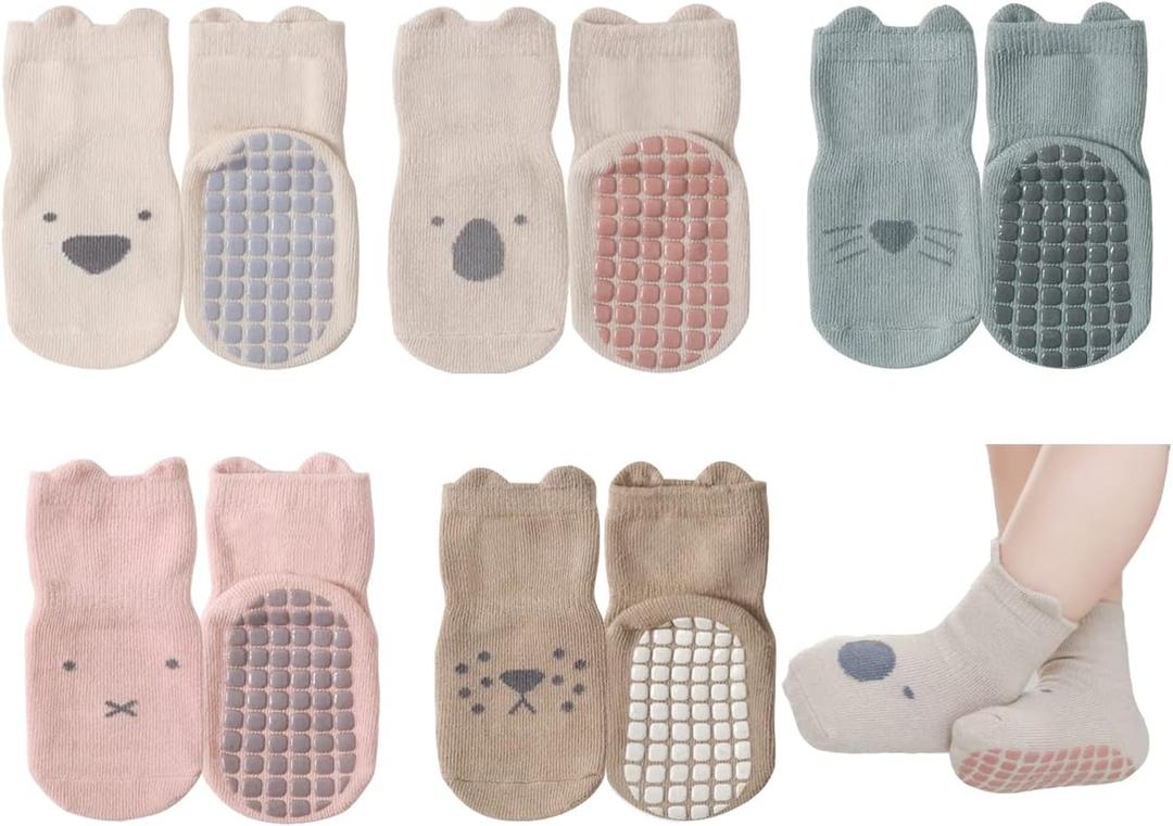 Exegawe Toddler Non Slip Socks, Cute Baby Socks with Grips Crew Socks 5 Pairs (1-3T, 5 Mix Colors)
