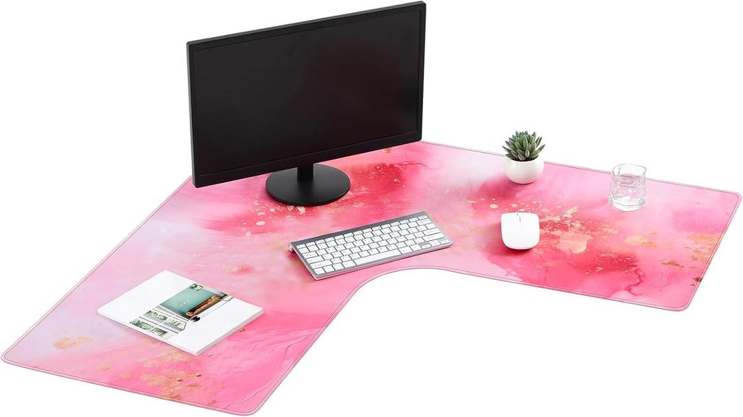 L Shaped Mouse Pad Corner Desk Pad 33'' Large Rubber Printing Mouse Pad Long Extended Non-Slip Rubber Desk Mat Computer Protection Supplies(Pink)