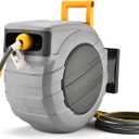 glahoden Air Hose Reel 115 Ft Retractable, 3/8 in x 115 Ft Hybrid Hose Air Compressor Hose Reel with 6 Ft Lead in Max 300 PSI Patented Design for Any Length Lock 180Swivel Bracket Quick Coupler