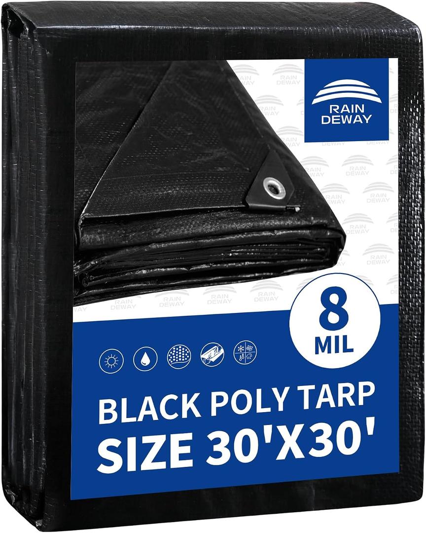 RAINDEWAY Large Tarp 30x30, 8 Mil Thick, Black Tarps Heavy Duty Waterproof, UV Resistant, Cover with Metal Grommets and Reinforced Edges, Finished Size