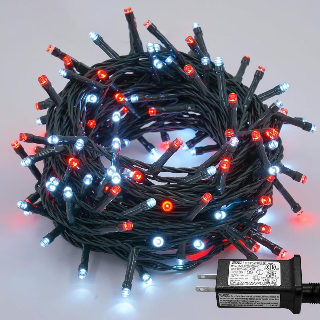 YEGUO 66ft 200 LED Christmas Lights Outdoor Waterproof, 8 Modes Purple String Lights Plug in, Green Wire Twinkle Tree Lights Indoor with Timer Memory (Red and White)