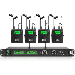 XTUGA RW2090 Wireless in Ear Monitor System, Mono IEM Monitoring with Dual Channel 2 * 100 Frequencies, 230ft(70m) Operation, Bluetooth Earphone Fit for Stage, Studio and Band (4 Bodypacks)
