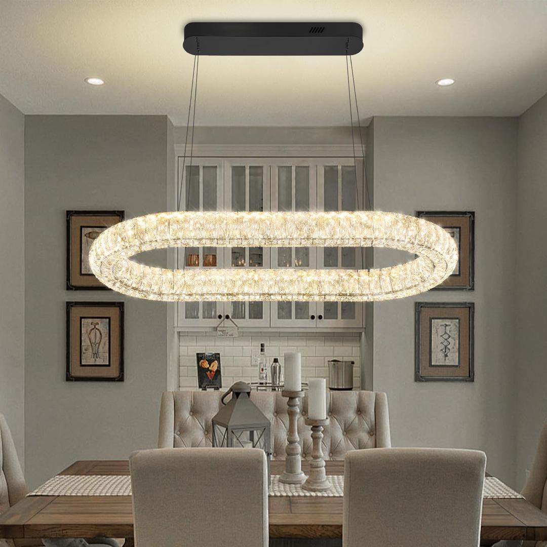 Oval Crystal Chandelier, 31.5'' Black Crystal Ring Pendant Light for Kitchen Island Modern Linear Oval Chandeliers for Dining Room Dimmable 3000K-6000K (32 inch)
