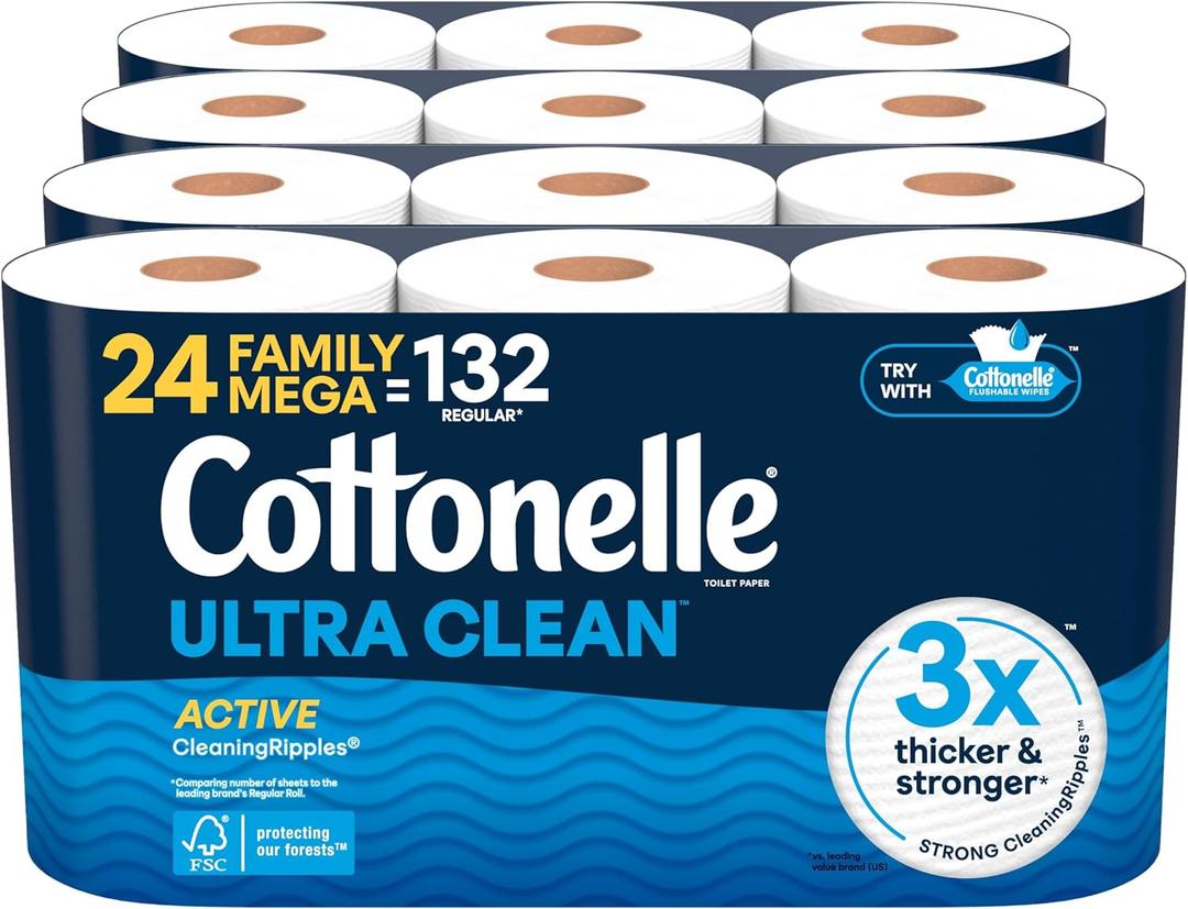Cottonelle Ultra Clean Toilet Paper with Active CleaningRipples Texture, Strong Bath Tissue, 24 Family Mega Rolls = 132 Regular Rolls (4 Packs of 6) (353 sheet (Pack of 24))