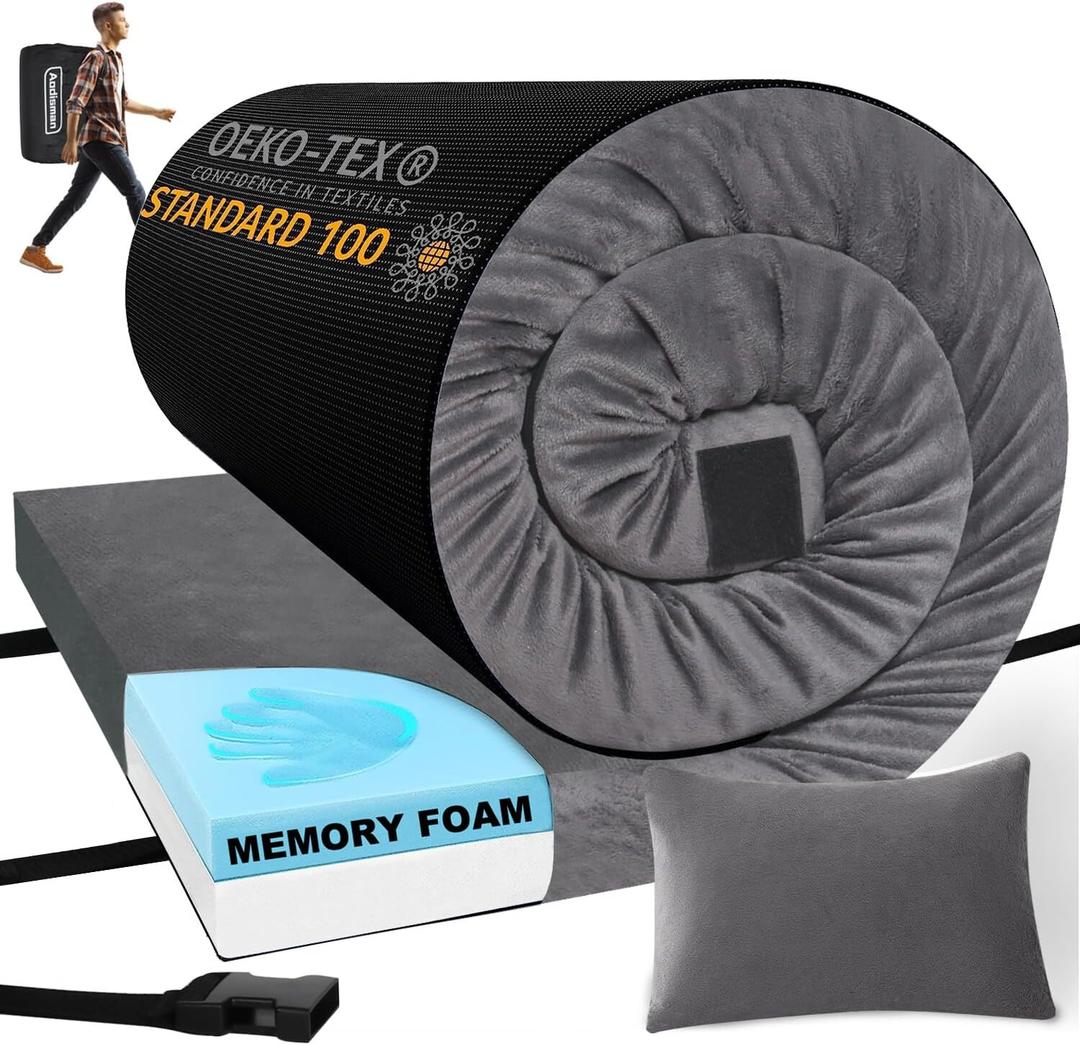 Sleeping Pad,3-inch Thick Memory Foam Camping Mattress,Portable Roll-Up Mat for Car/Tent/Floor/Cot/Travel,Comfortable Pad for Guests Sleepover (Grey)