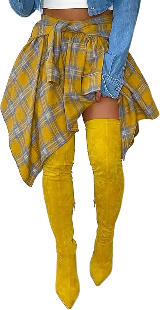 Women's Plaid Skirts High Waisted Knot Front Asymmetrical Hem Mini Skater Skirt (Yellow, L)