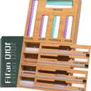 9 In 1 Storage Bag Organizer And Plastic Wrap Dispenser With Cutter, Bamboo Foil and Plastic Wrap Organizer