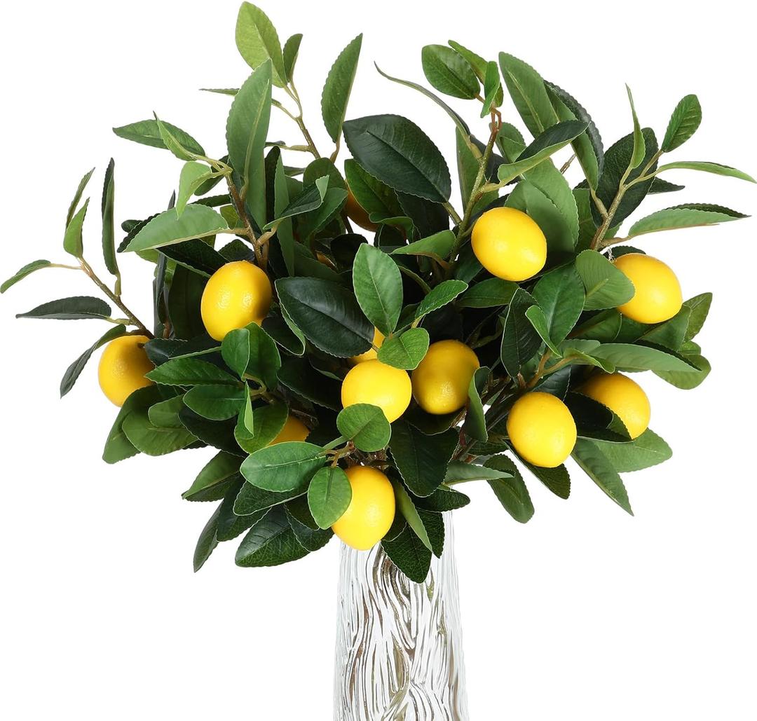 Giegxin 6 Pcs Artificial Lemons Tree Branches 18 Inch Faux Greenery Stems Lifelike Lemon Decor Fake Fruits Plant for Home Kitchen Dining Table Decor