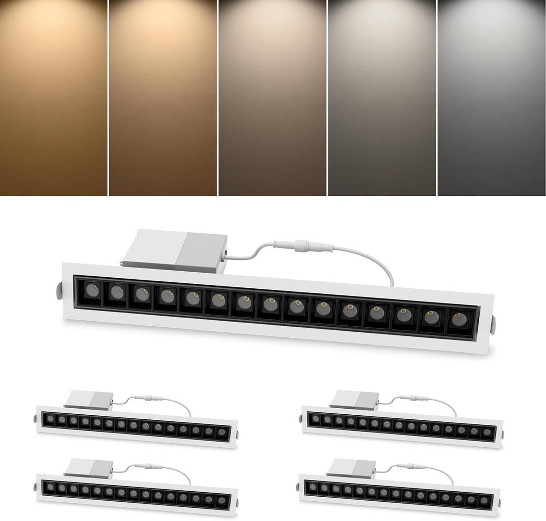 SCON 15W Linear LED Recessed Spotlight 4-Pack, 5 CCT 3000-6500K Aluminum LED Linear Light, Downlight with Trim, Paired with Driver-White and Black, TRIAC Dimming for Kitchen, Living Room, Hallway