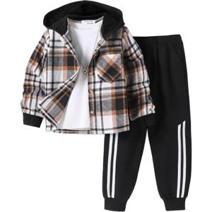 2Pcs Kids Boys Sweatsuit Hoodie Flannel Plaid Shirt Tops and Jogger Pants for Kids Fall Winter Spring Outfits (5-6 Years, Black)