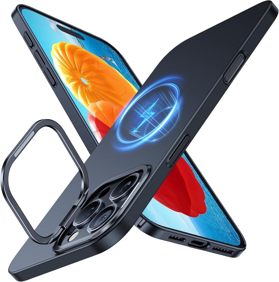 TORRAS Magnetic Slim Fit for iPhone 16 Case with Stand, Compatible with MagSafe, Builtin Stash Stand, Ultra Thin 16 Case, Lightweight AntiScratch Matte Hard Phone Case 6.1 inch, Black