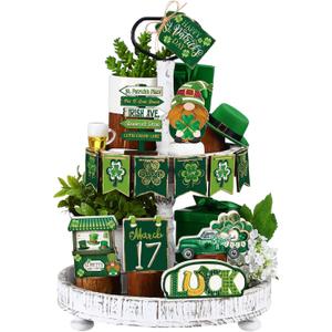 13 Pcs Valentines Day Tiered Tray Decor St. Patrick's Day Reversible Wooden Table Sign Double Sided Gnome Truck Lucky Love Irish Wooden Blocks for Table Centerpiece Farmhouse Decorations