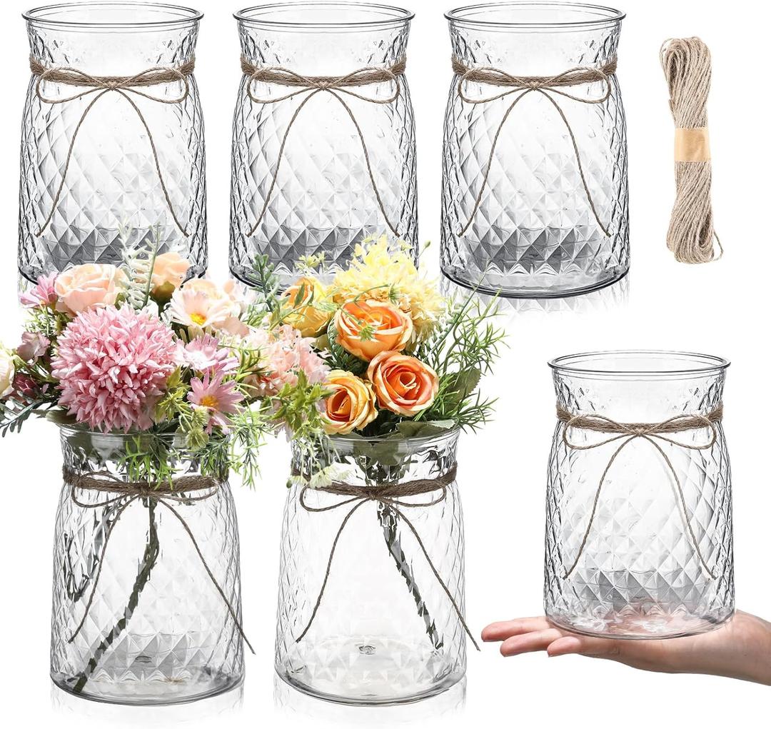Bokon 6 Pcs 4.3 in Caliber Plastic Vases Bulk for Centerpieces Table 6.3 in Bud Vases Clear Planter for Flower with Rope Design Plant Containers for Wedding Dinning Home Decoration (Clear)