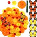 90 Pcs Marigolds Artificial Flowers Heads Bulk Mexican Party Decorations 4.72'' Artificial Butterfly 1.2'' 2'' 3.5'' Silk Marigold Flowers for DIY Xmas Party Garland (Red,Yellow,Orange)