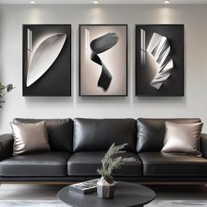 Large Framed Modern Abstract Wall Art 3 Piece Set, Black and White Decorative Artwork, Minimalist Trendy Line Geometric Bright Style Pictures Prints for Living Room Hallway and Office 20x30 Inch