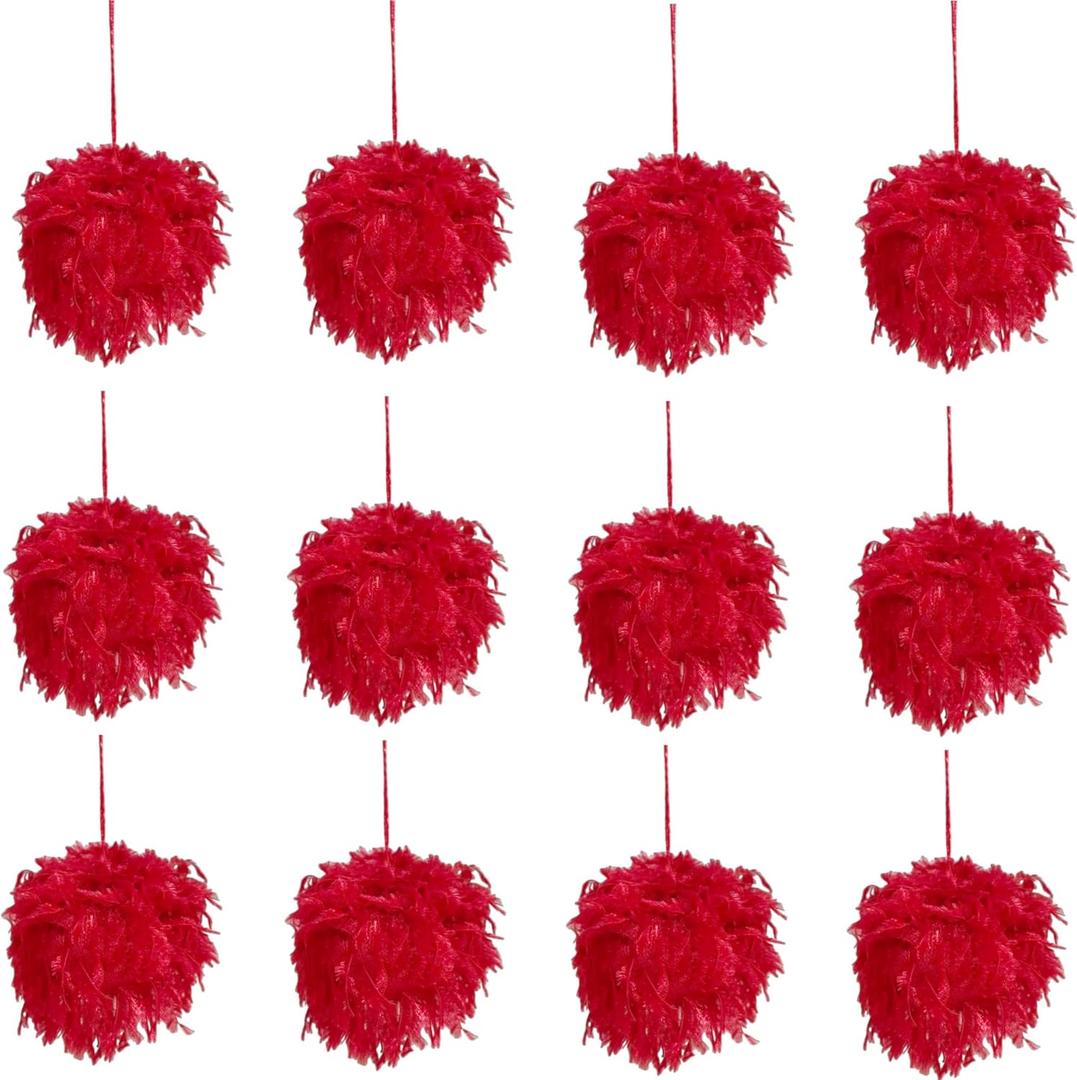 Meseey 12 Pcs Red Christmas Ornaments 3.5 Inch Faux Fur Pom Pom Ball Ornaments for Christmas Trees,Wreaths,Garlands,Crafts and Decorations