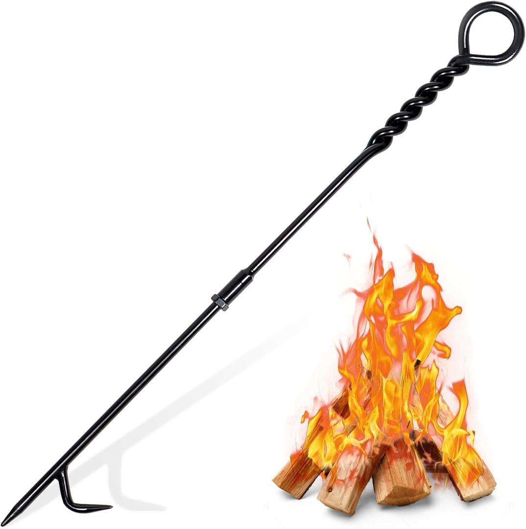 Fire Poker for Fire Pit Outdoor, 26inch Twisted Rope Design Camping Fireplace Poker, Removable and Portable Fire Pit Accessories, Heavy Duty Solid Steel Fireplace Tool Rust-Resistant Black Finish
