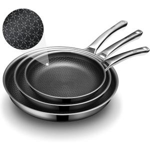 Non Stick Frying Pans Set,Hybrid Pan Set(8+10+12inch) Frying Pans Nonstick for cooking,PFOA Free Induction Cookware Sets,non stick Stainless Steel Skillets,Dishwasher and Oven Safe Kitchen set
