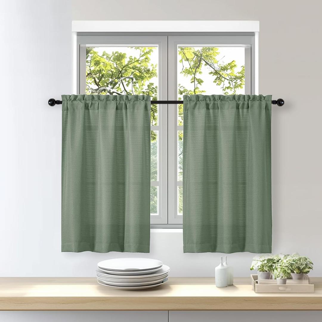 OWENIE Bob Green Kitchen Curtains 36 Inch Length Tier Curtain, Faux Linen Textured Small Cafe Curtains, Light Filtering Short Window Drapes for Bathroom Basement, Each 30W x 36L inch, 2PCS