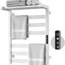 Tower Warmer Rack, 6 Bars Stainless Steel Wall Mounted Electric Heated Towel Rack for Bathroom, Built-in Timer, Hard-Wired & Plug in, Glossy Black (White)