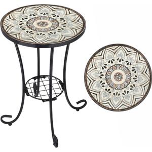 VCUTEKA Outdoor Side Table Mosaic Patio Table Accent Tables Mosaic Tile Top Metal Frame Small End Tables Porch Beach Patio Garden Balcony Brown 14''