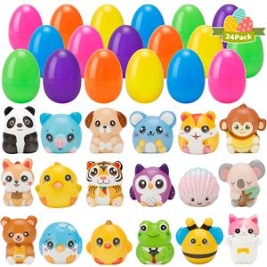24 Pack Easter Eggs with Cute Squishy Animal Toys, Colorful Fillable Plastic Eggs for Easter Egg Hunt, Party Favors, Basket Stuffers for Kids, Small