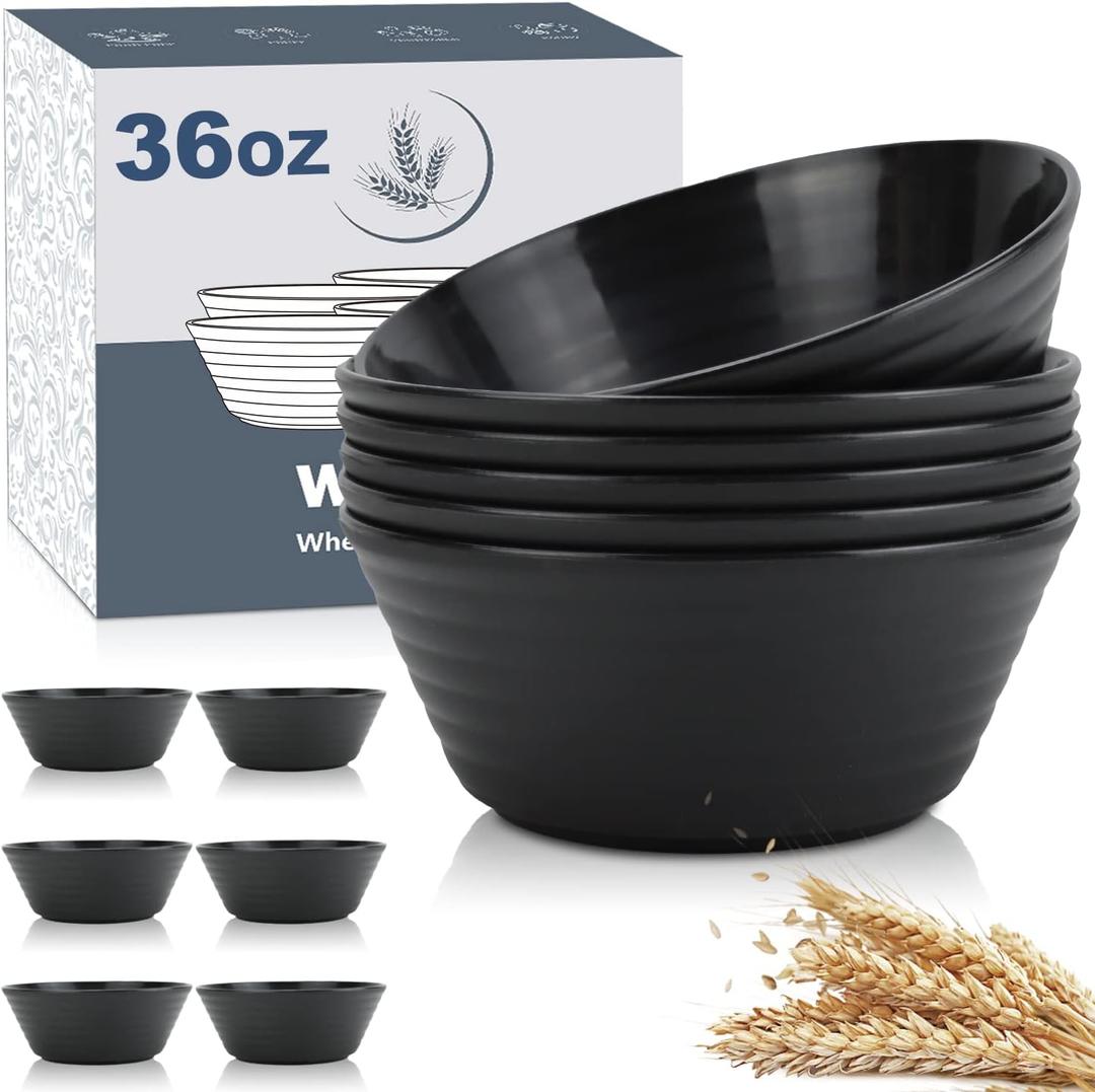 Wrova Wheat Straw Bowl Sets,6 PCS Unbreakable Cereal Bowl 36 OZ,Microwave and Dishwasher Safe Bowls,Soup Bowl Sets BPA Free Apartment Bowl for Serving Cereal,Oatmeal and Salad (Black)