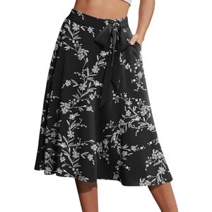 Yincro Women's A-Line Midi Skirt with Pockets High Waist Flared Below The Knee Skirts (Black, XL)