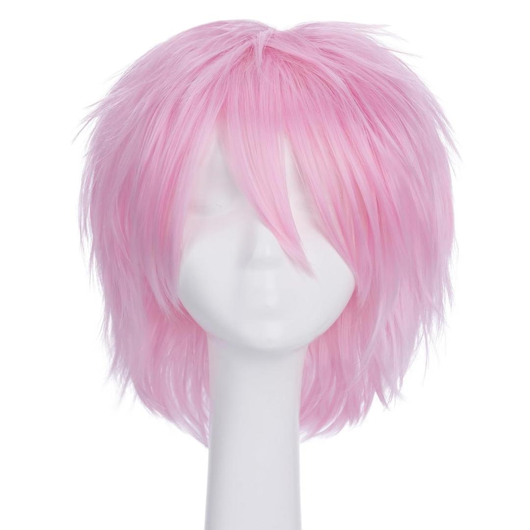 S-noilite Short Pink Wig Unisex Anime Costume Cosplay Pixie Wigs for Women Men Short Layered Fluffy Straight Hair Wigs for Halloween Comic-cons Party (Pink)