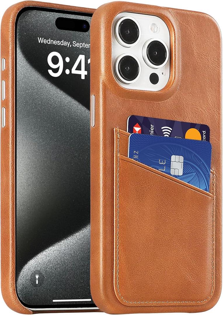 LUCKYCOIN Wallet Phone Case for iPhone 15 Pro Max Case, TAN Phone Purse Case.100% Genuine Leather, with Card Holder, Slim Fit, Metal Buttons, Shockproof Protective Cover, Microfiber Lining, for Men Women