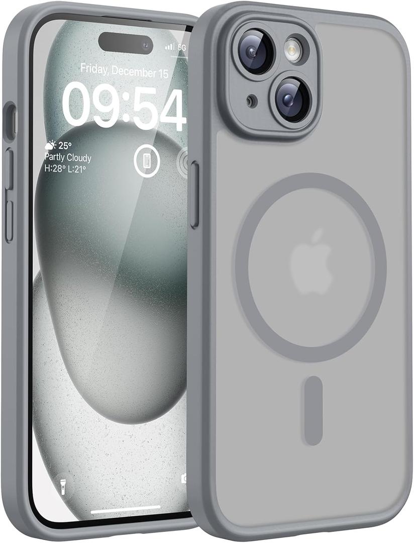 TOCOL Magnetic for iPhone 15 Case, Upgraded Full Camera Protection, Compatible with Magsafe, 15FT Drop Protection, Translucent Matte Back Phone Cover 6.1 inchTitan Gray