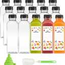 GUSTO [16 oz. - 15 Count Reusable Plastic Juice Bottles With Caps, Labels, Brush, and Silicone Funnel - Clear plastic Bottles with Caps, Juice Containers with lids, for All Beverages