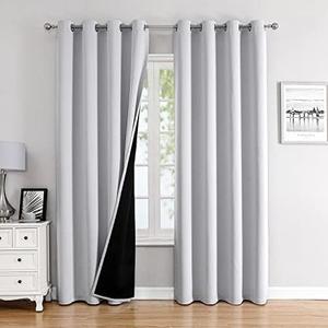 ChrisDowa 100% Blackout Curtains for Bedroom with Black Liner, 2 Thick Layers Total Blackout Thermal Insulated Grommet Long Window Curtains 2 Panels Set (Greyish White, 52 x 95 Inch)