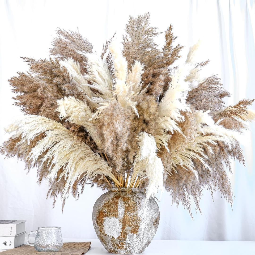 20 PCS Dried Flower, 30-inch Tall Nature Pampas Grass Bouquet Decor - Boho Flowers and Feathers for Centerpieces, Perfect for Tall Floor Vase Fillers, Living Room, and Wedding Decor(White, Natural)