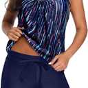 Aqua Eve Two Piece Women's Tankini Swimsuits Blouson Swim Tank Top with Shorts Modest Bathing Suits (Medium, Dark Blue Stripes)