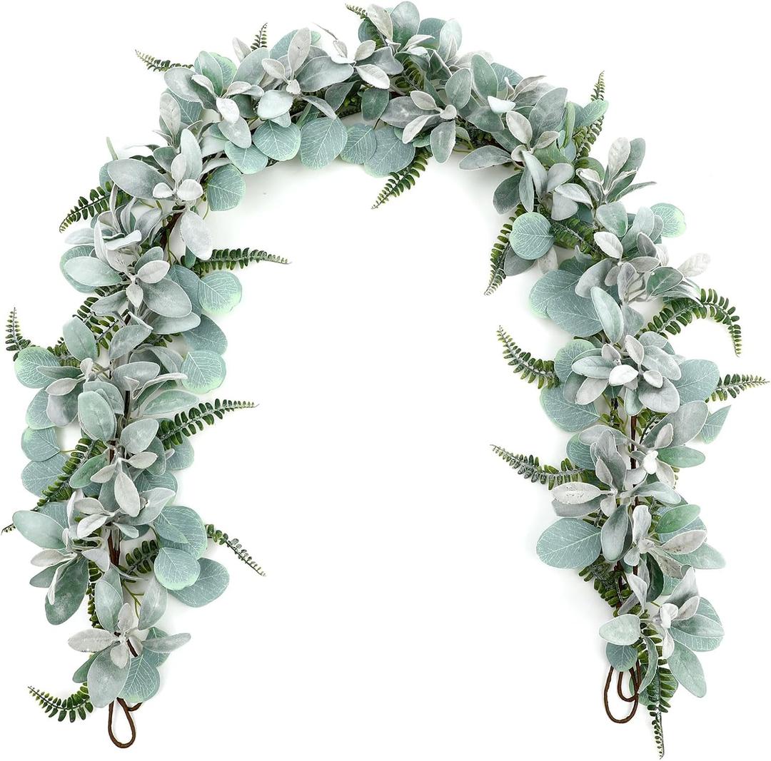 SHACOS 2 Pack 11.8 ft Artificial Flocked Lambs Ear Garland Eucalyptus Fern Leaves Greenery Garland Fake Vines for Mantle Fireplace Door Window Wedding Table Centerpieces Home Decor
