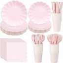 Newtay Light Pink Scalloped Paper Plates Shell Edge Disposable Tableware Cocktail Napkins Cups Plastic Spoons Forks Knives for Wedding Baby Shower Picnic Birthday Party Supply for 50 Guests