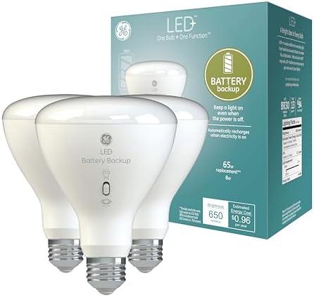 GE LED+ Battery Backup LED Light Bulbs, Emergency Light Bulb for Power Outages + Flashlight, BR30 Indoor Floodlights (3 Pack)