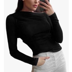 Long-Sleeved Tops White T-Shirts Basic Cropped Tops for Women Sweaters Solid Color Slant Collar T-Shirts M